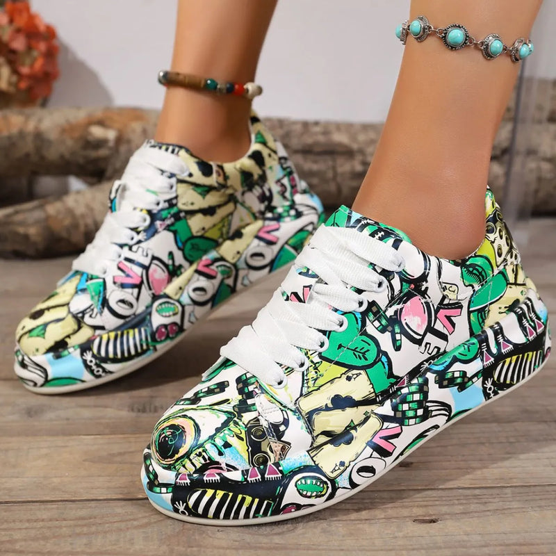 Colorful patterned sneakers on a wooden floor