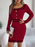 Red Contrast Trim Long Sleeve Sweater Dress