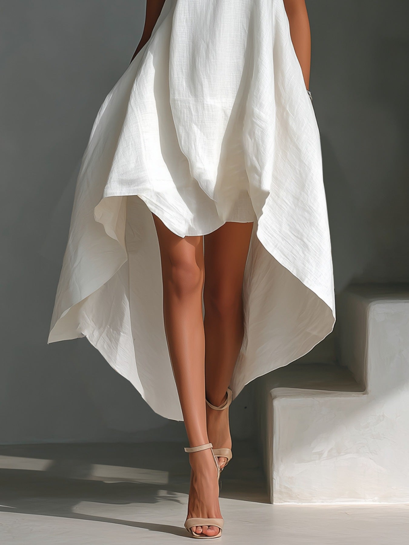 White dress with an asymmetrical hemline worn by a person on a gray background
