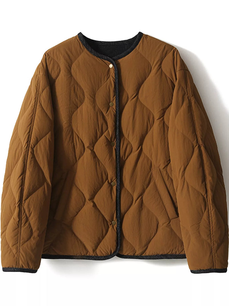 Full view of brown Diamond-Quilted Lightweight Cropped Reversible Down Jacket
