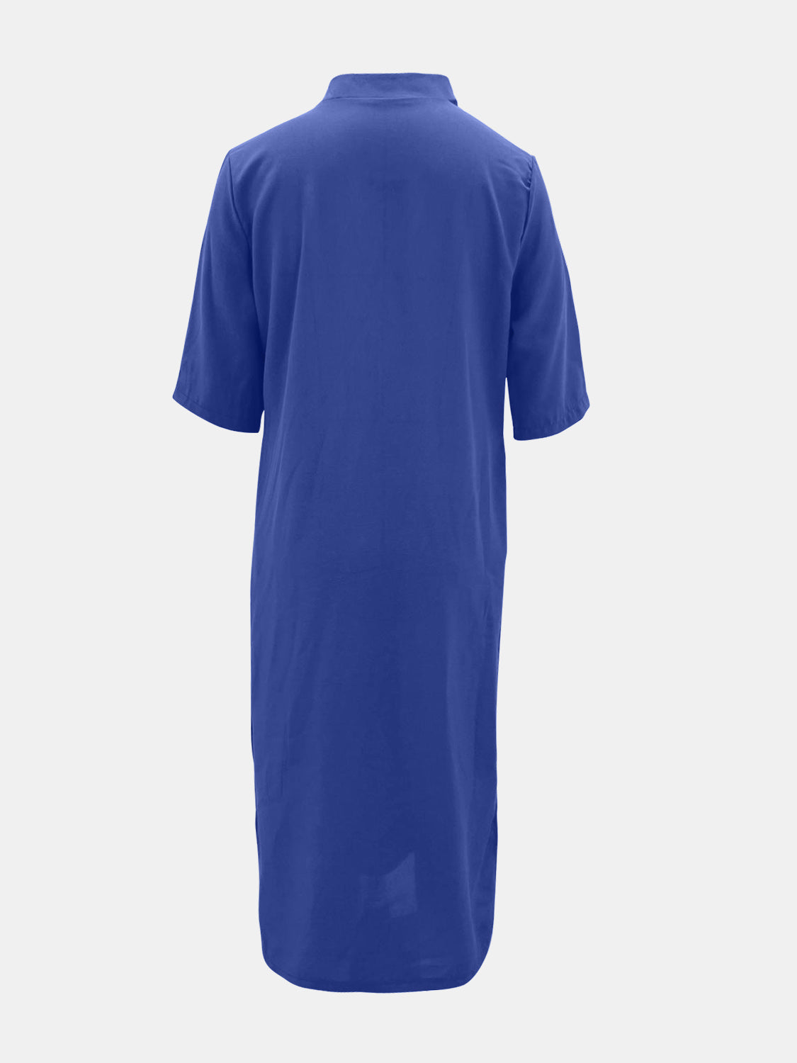 Back view of blue Full Size Notched Half Sleeve Midi Dress