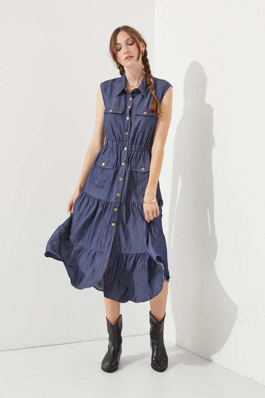 A full view of PLUS SLEEVELESS BUTTON DOWN COLLARED DENIM DRESS