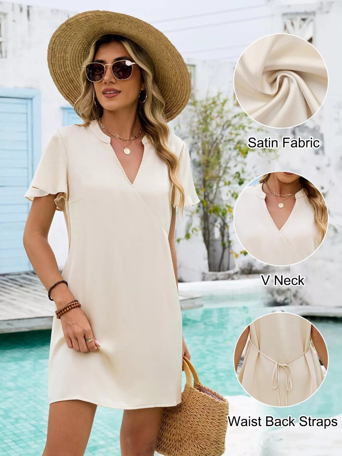 Woman wearing a cream-colored dress with details highlighted, standing by a pool.