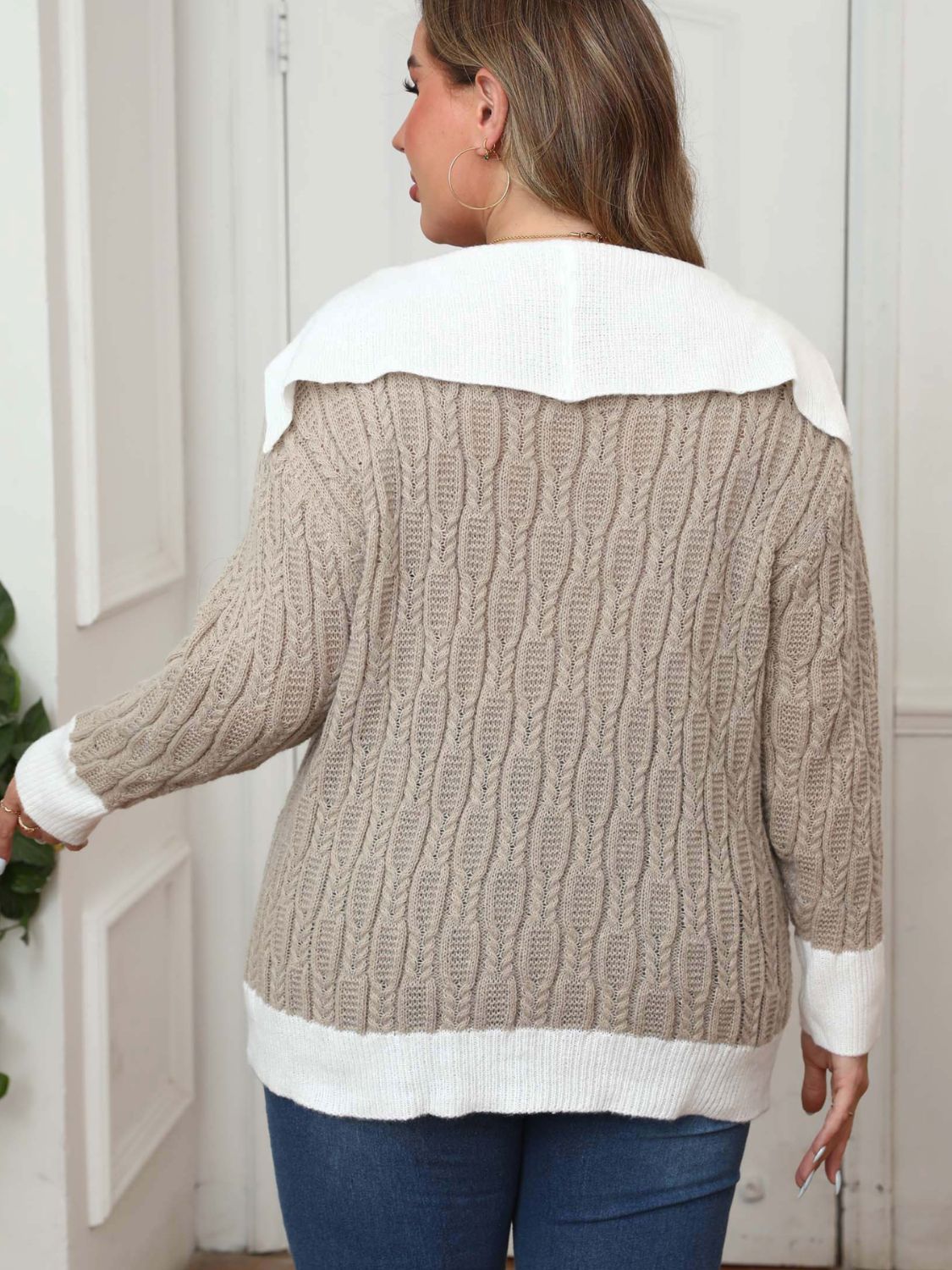 Back view of Plus Size Contrast Trim Collared Neck Sweater