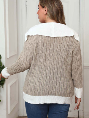 Back view of Plus Size Contrast Trim Collared Neck Sweater