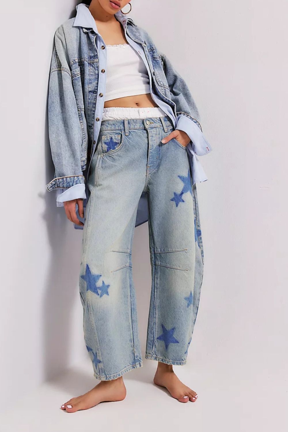 Front view of Contrast Star Wide Leg Jeans