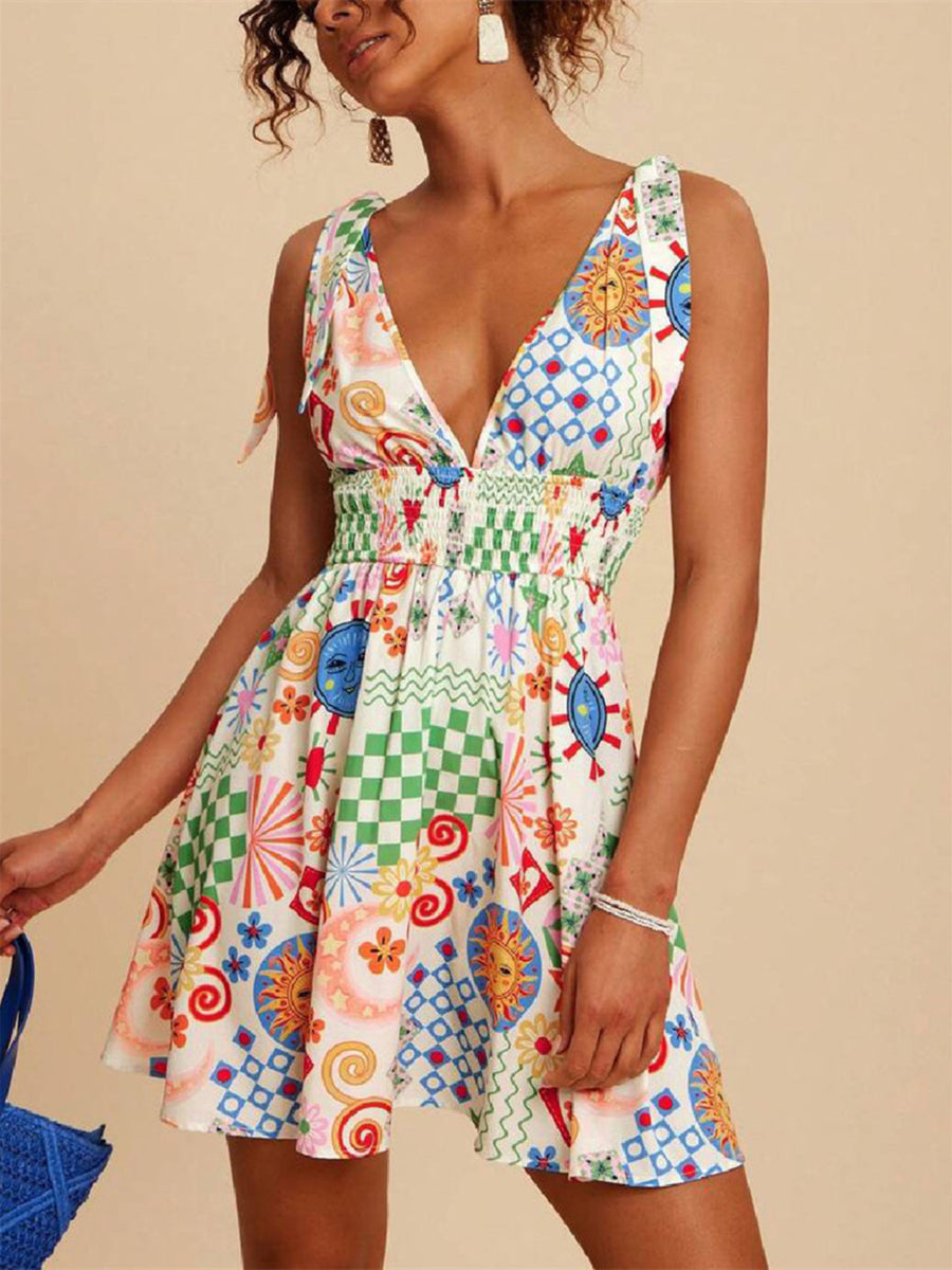 Woman wearing a colorful patterned dress against a beige background