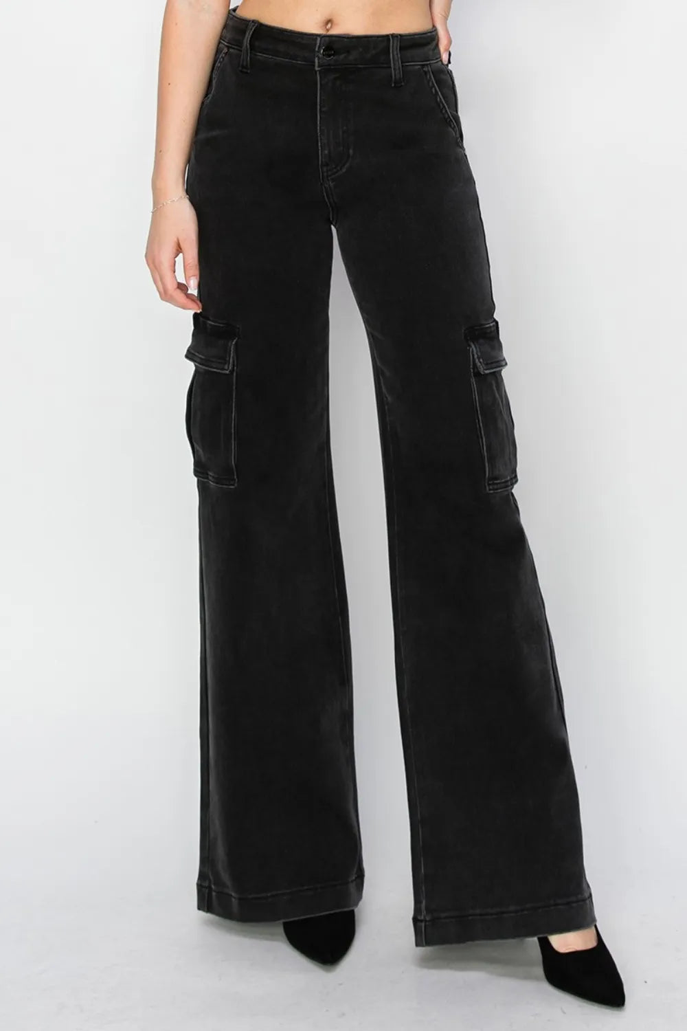 Black wide-leg cargo pants on a white background
