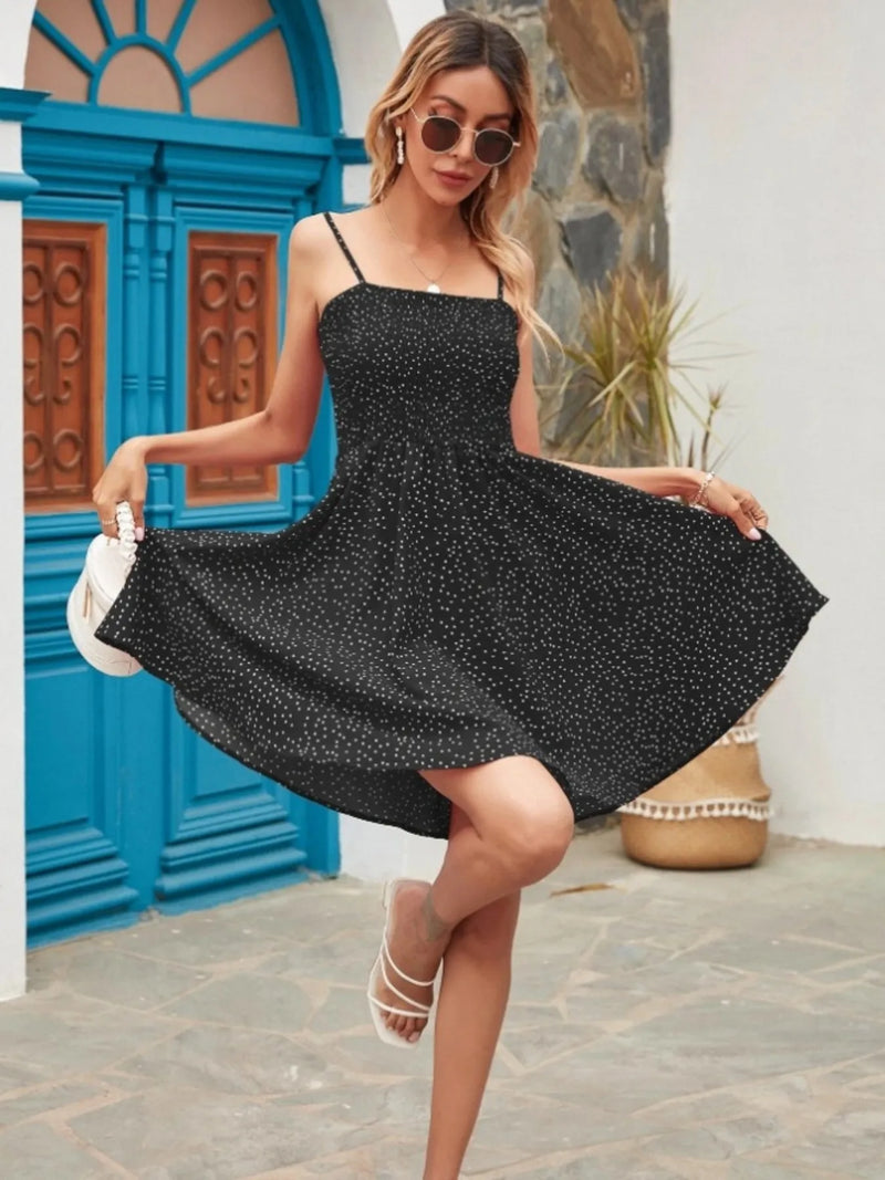Full view of black Full Size Smocked Square Neck Cami Dress Plus Size