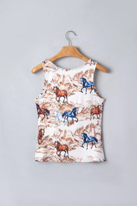 Tank top with horse print on a hanger against a gray background