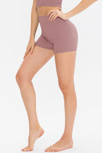 Person wearing mauve athletic shorts on a white background