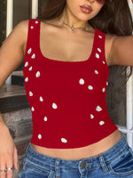Close up view of red Women's Bead Embellished Square Neck Tank