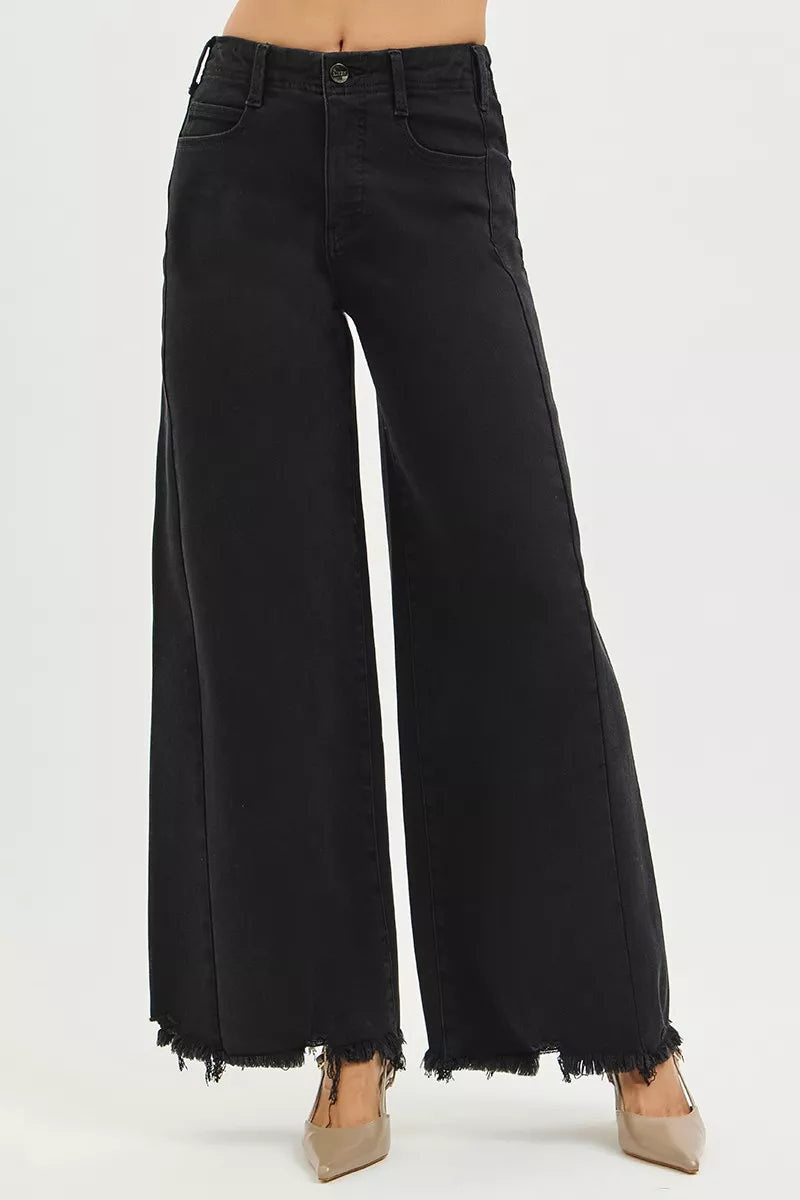 Black wide-leg jeans on a white background