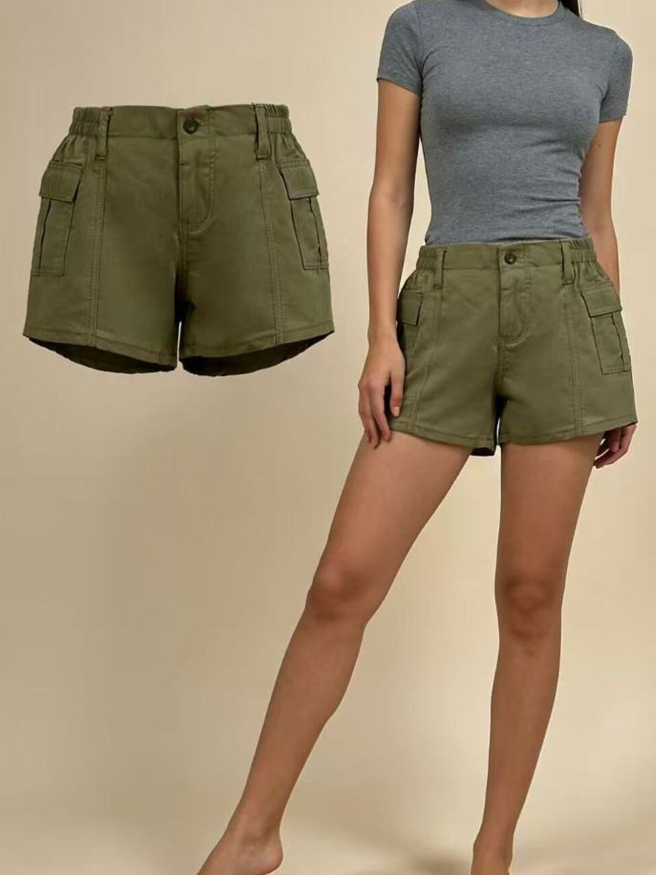 Green shorts displayed on a person against a beige background