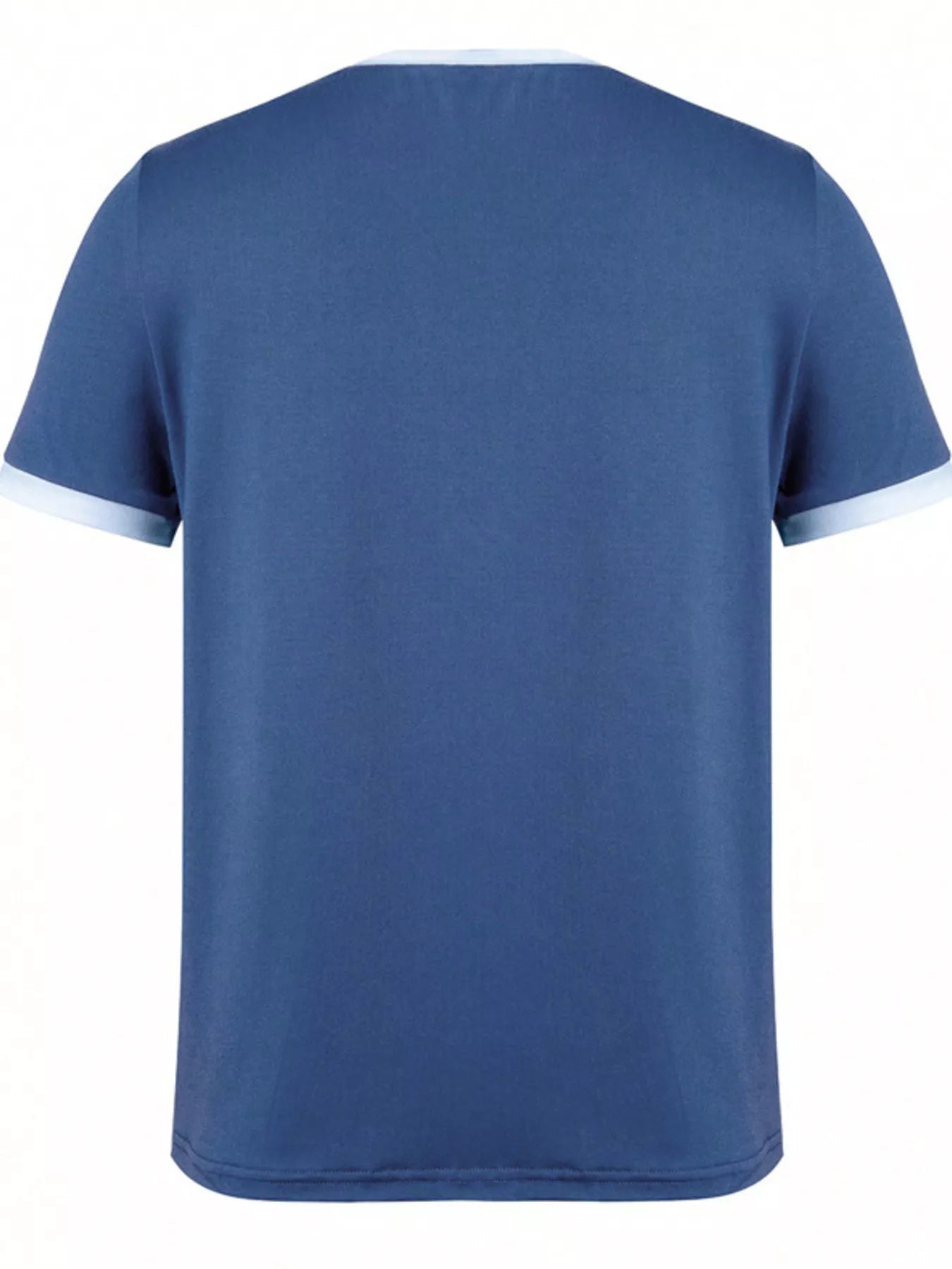 Blue t-shirt with white trim on a white background