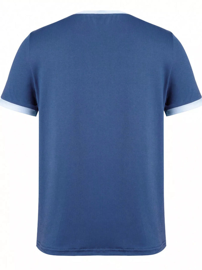 Blue t-shirt with white trim on a white background