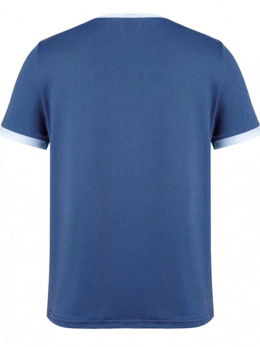 Blue t-shirt with white trim on a white background