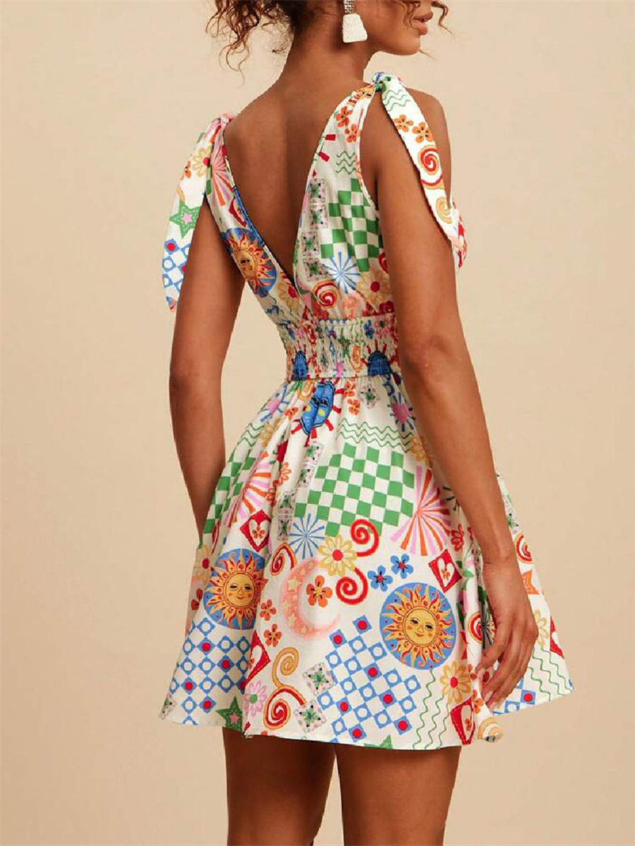 Woman wearing a colorful patterned dress with a beige background