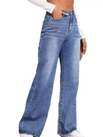 Wide-leg jeans worn by a person on a white background