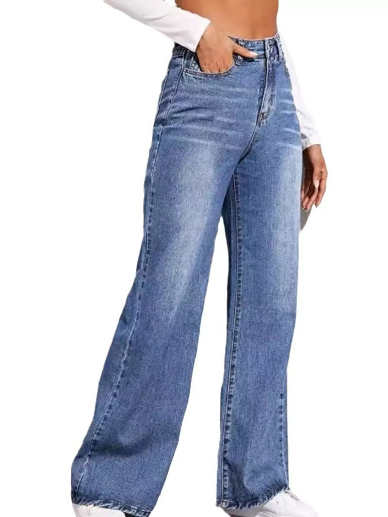 Wide-leg jeans worn by a person on a white background