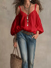 Women White Chic Flowy Cold Shoulder Balloon Sleeve Blouse