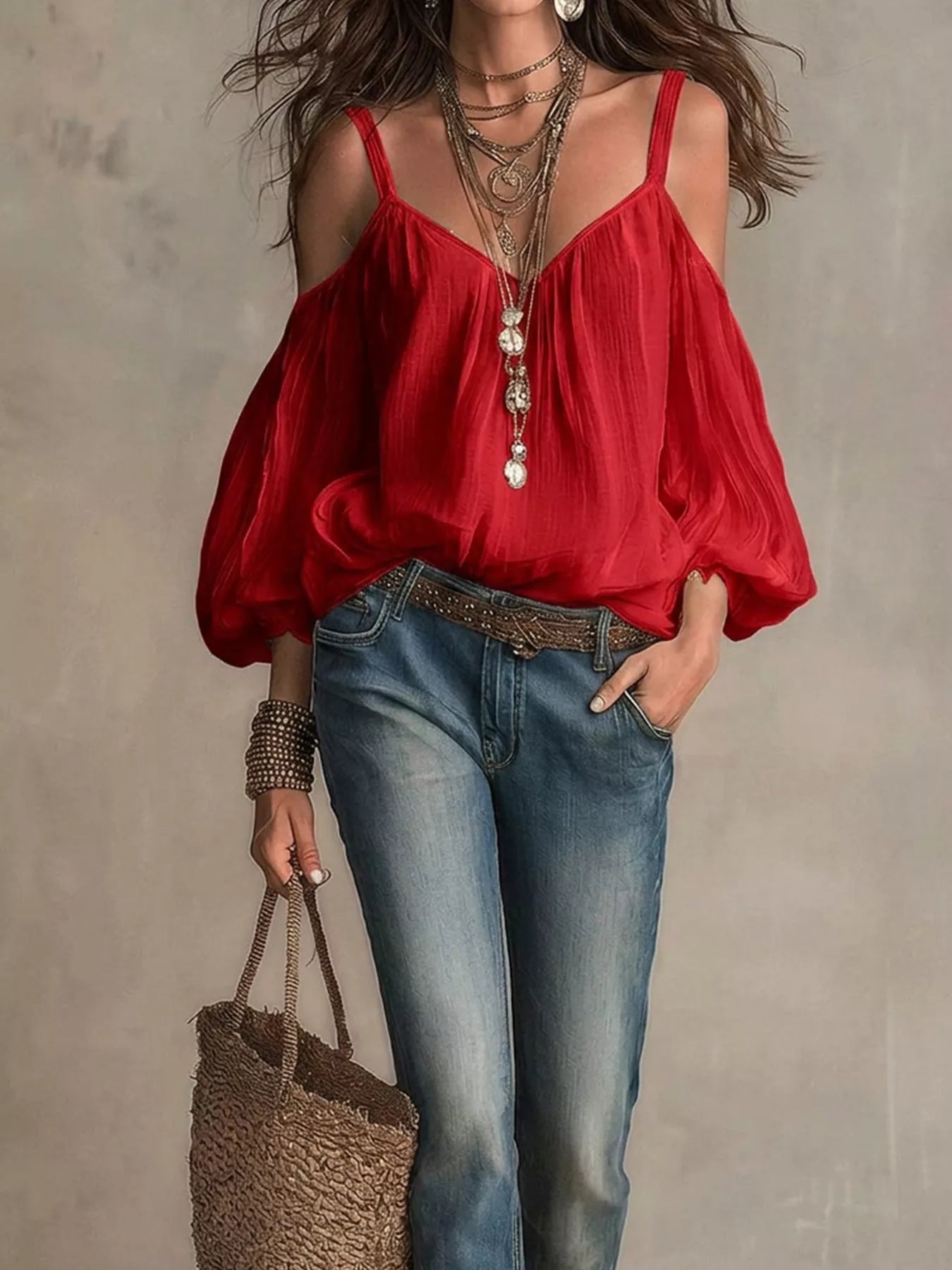 Woman wearing a red blouse and blue jeans, holding a woven bag against a neutral background