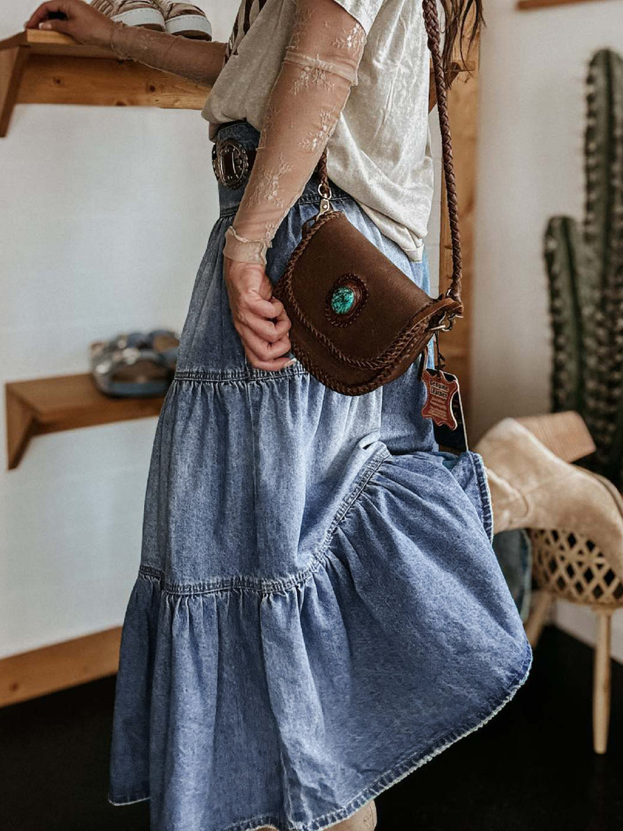 Side view of Tiered Button-Fly Denim Skirt