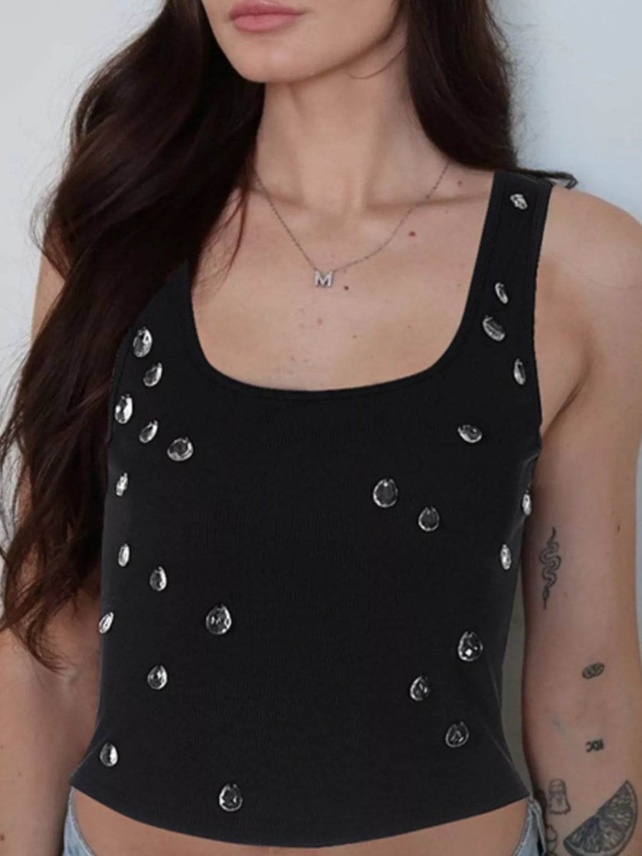 woman wearing  Bead Embellished Square Neck Tank
