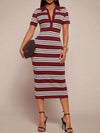 Women Party Club Beach Bodycon Striped Polo Collar Midi Dress