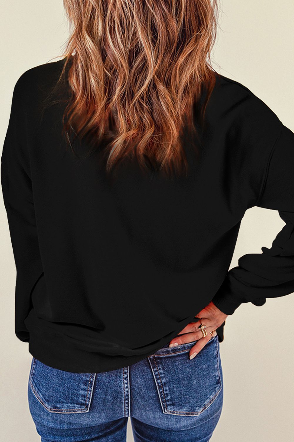 Back view of Rhinestone LOVE Round Neck Long Sleeve Sweatshirt