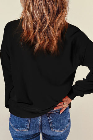 Back view of Rhinestone LOVE Round Neck Long Sleeve Sweatshirt