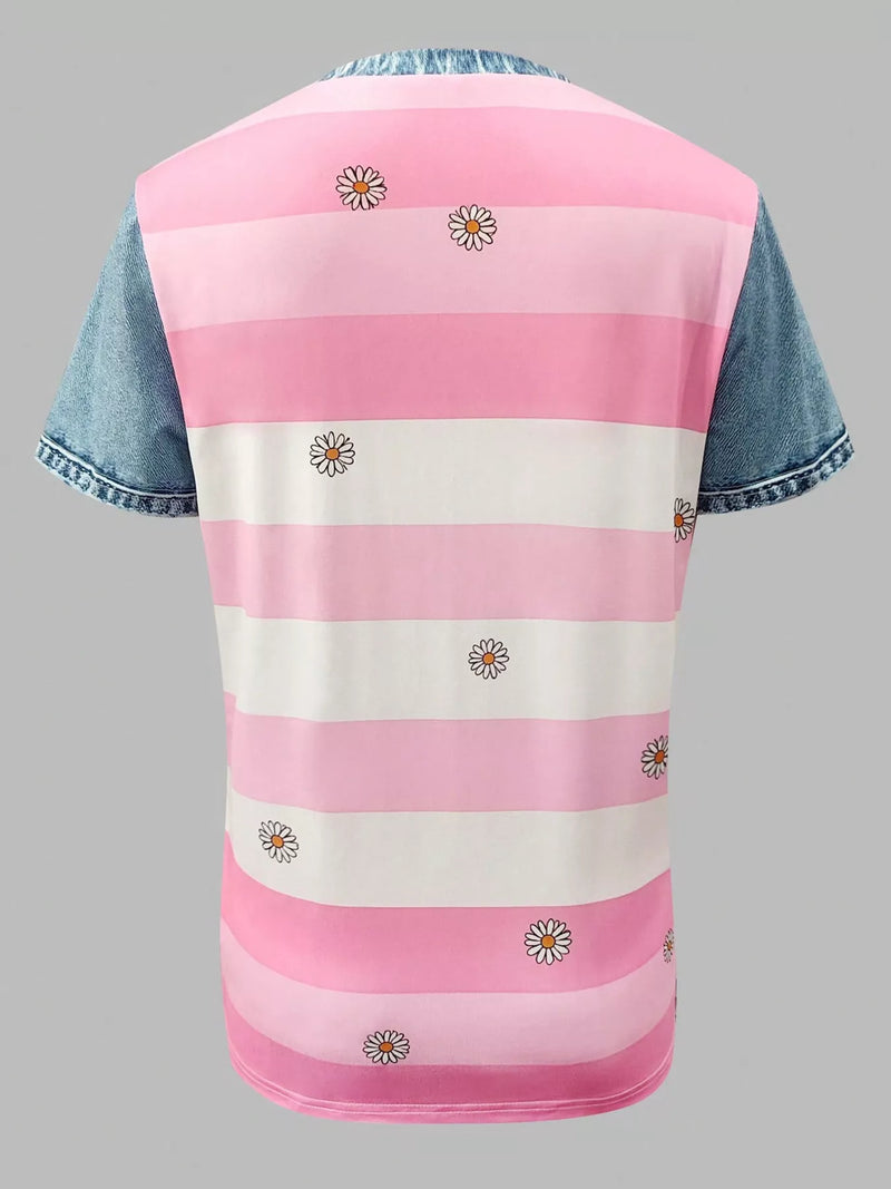 Pink and white striped shirt with denim sleeves on a gray background