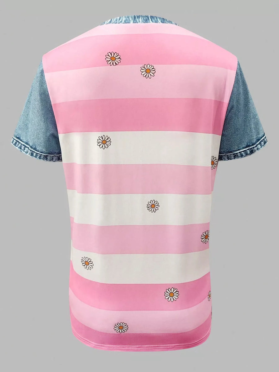Pink and white striped shirt with denim sleeves on a gray background
