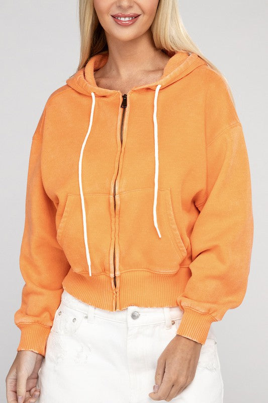 Orange Cropped Zip-Up Hoodie