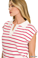 Woman wearing a red and white striped shirt on a white background