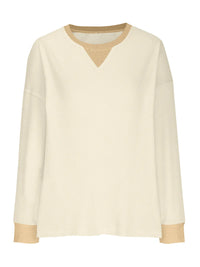 Cream-colored sweater with beige cuffs and hem on a white background