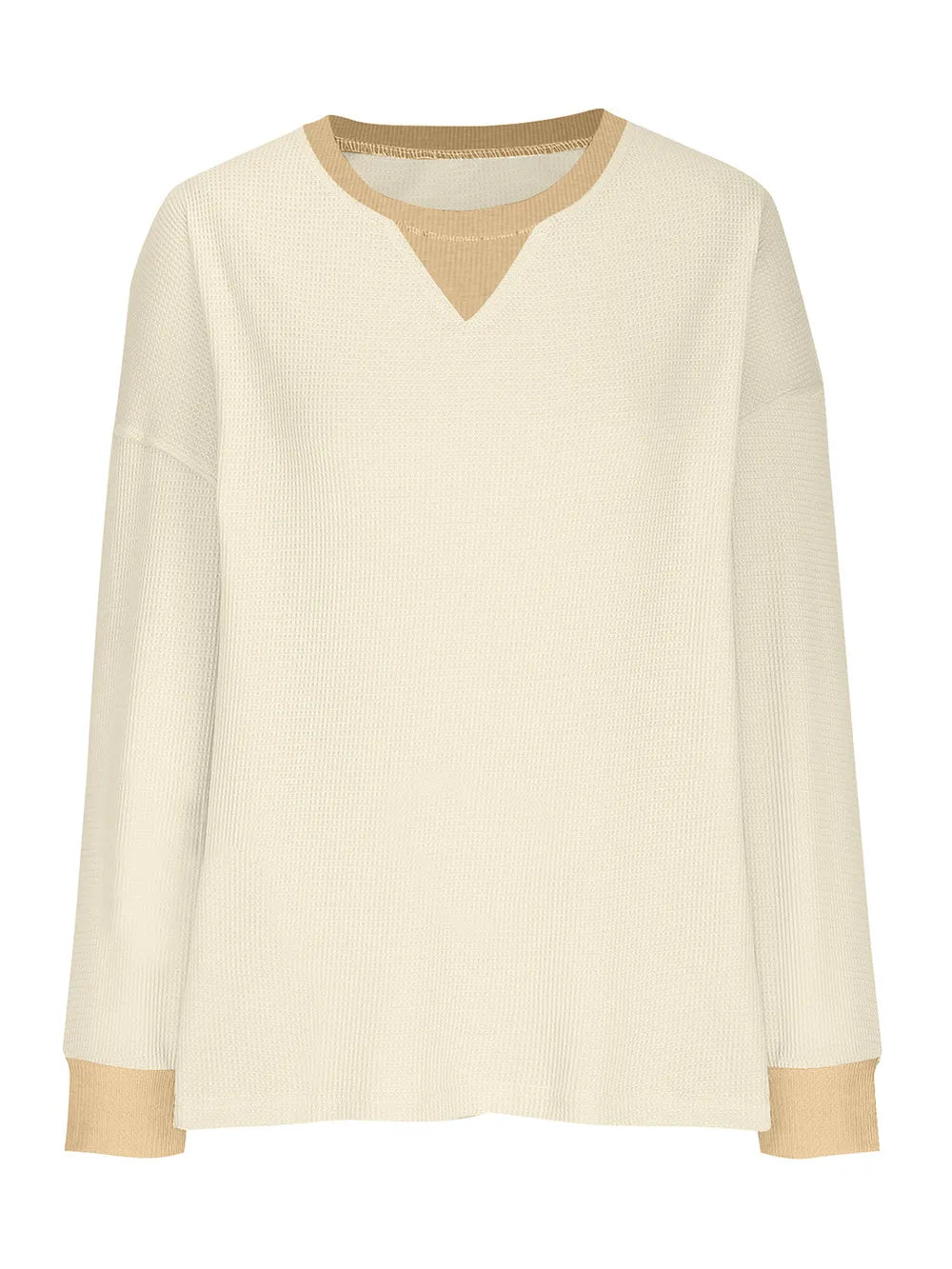 Cream-colored sweater with beige cuffs and hem on a white background