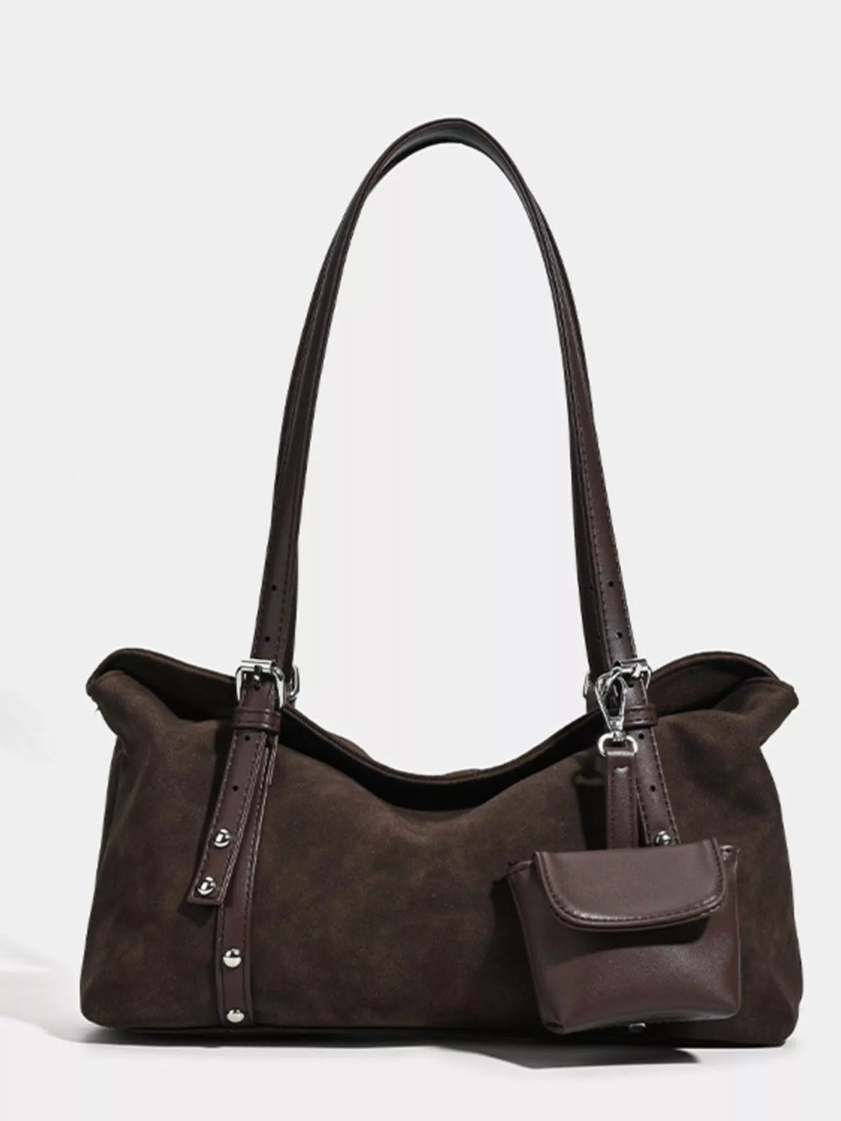 Brown handbag with a shoulder strap on a white background