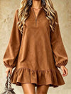 Quarter-Zip Ruffle Hem Mini Dress For Ladies
