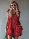 Ladies Full Size Hooded Sleeveless Zipper Romper with Ruffled Pockets Plus Size