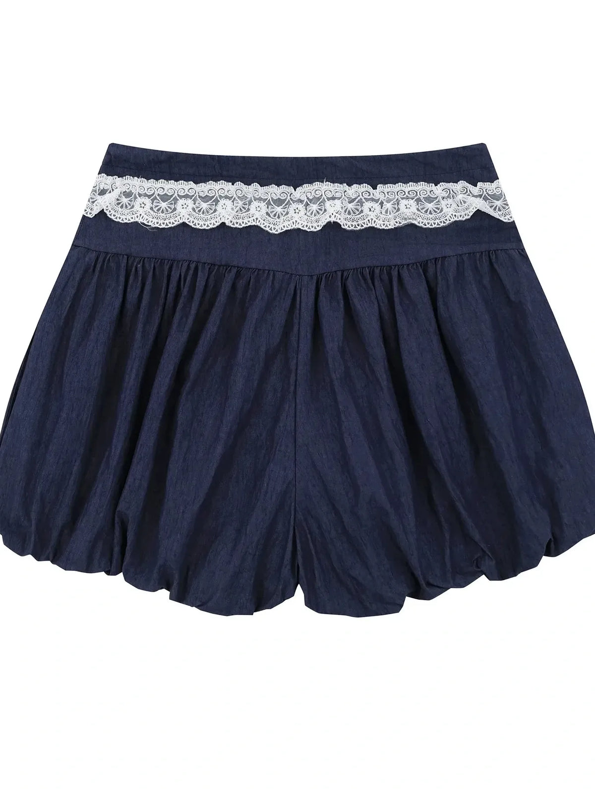 Navy blue skirt with lace waistband on a white background