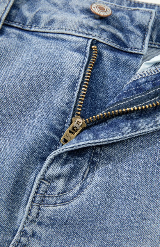 View of zipper on Distressed Raw Hem Heart Denim Skirt