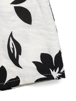 Close-up of a white fabric with black leaf pattern