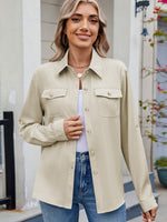 Green Solid Color Collared Neck Long Sleeve Shirt