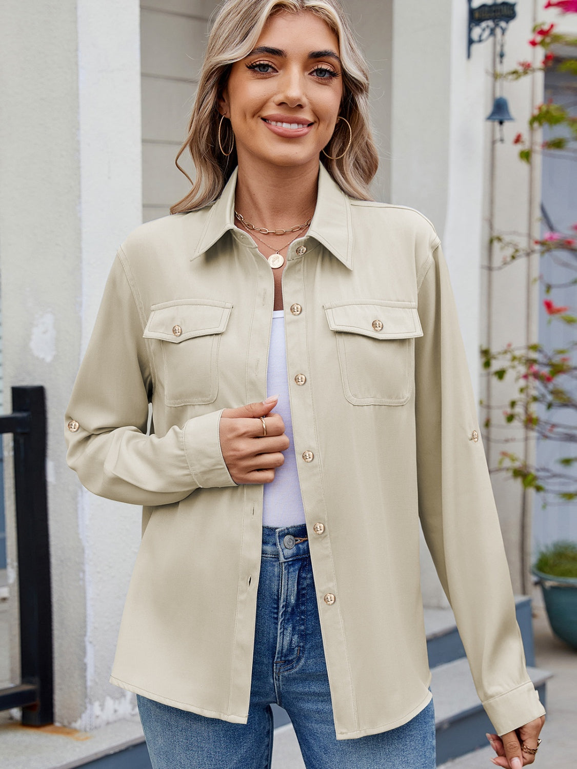 Green Solid Color Collared Neck Long Sleeve Shirt