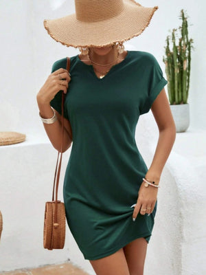 Green Notched Short Sleeve Mini Tee Dress