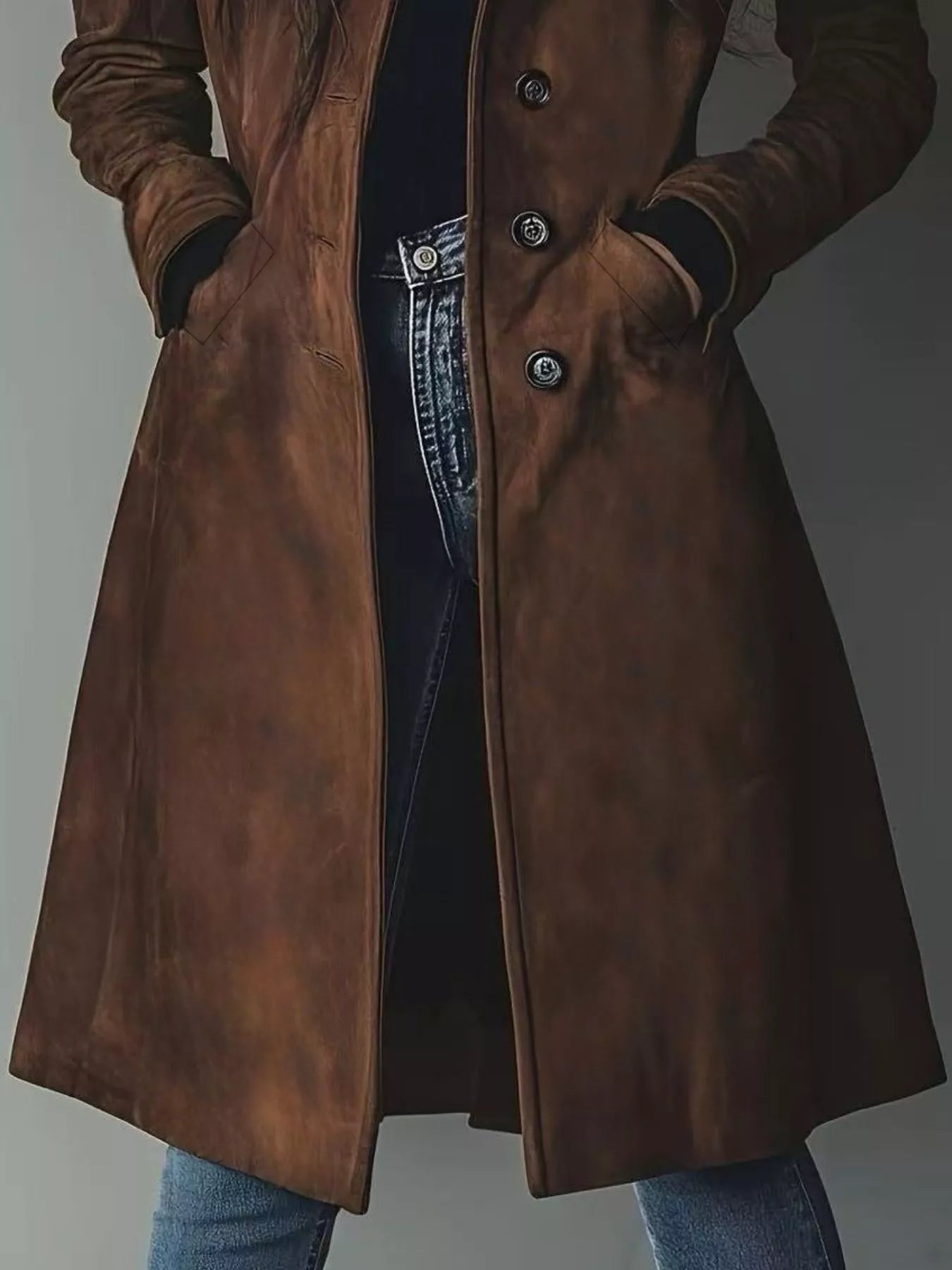 Brown leather coat worn by a person on a plain background