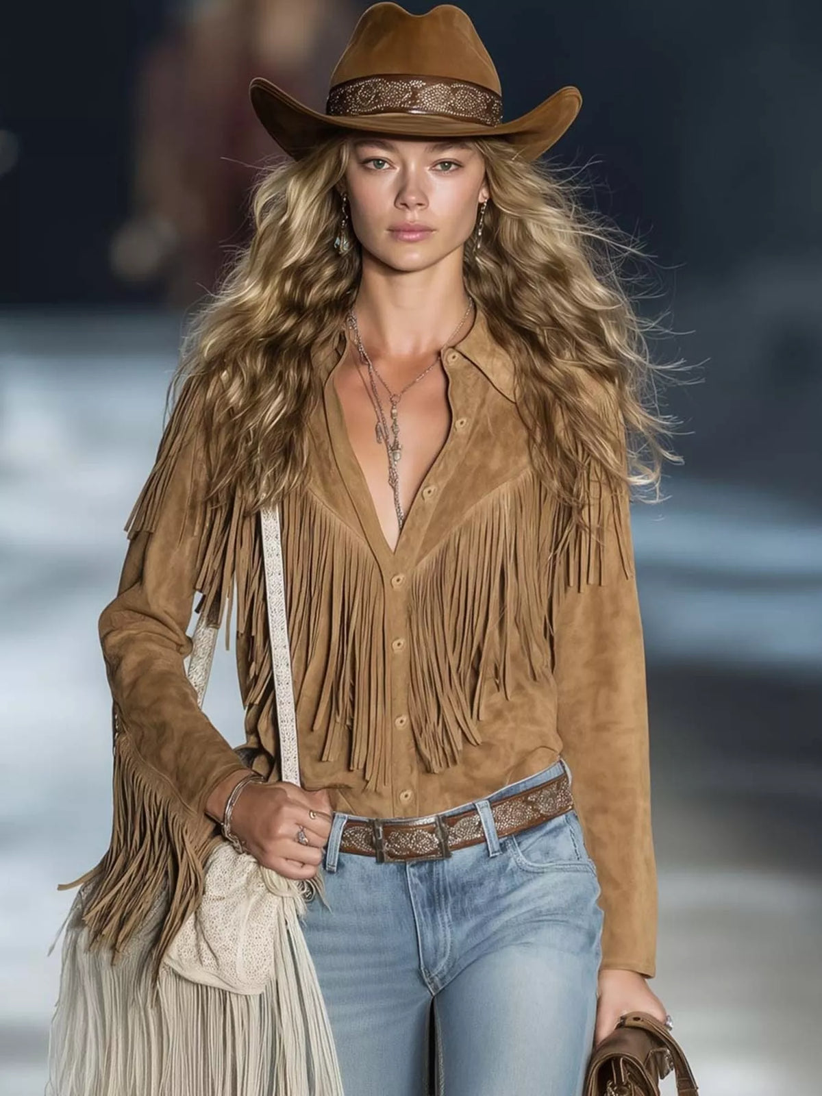 Model wearing a brown fringed jacket, cowboy hat, and jeans on a runway.
