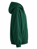 A dark green pullover hoodie shown from a side profile view against a plain white background.