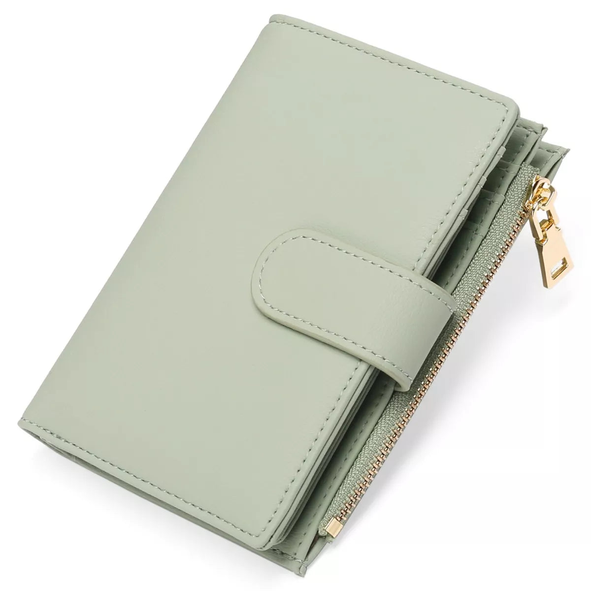 Green wallet with a gold zipper on a white background